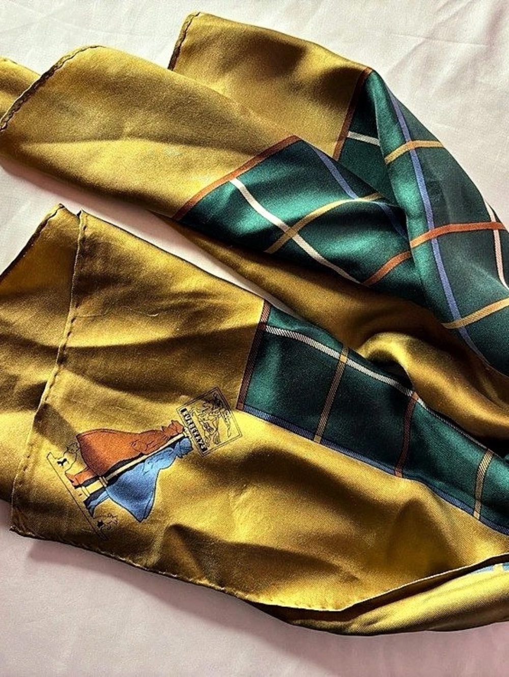 Burberry Vintage Burberrys Equestrian Knight Silk Scarf Plaid Gold & Green